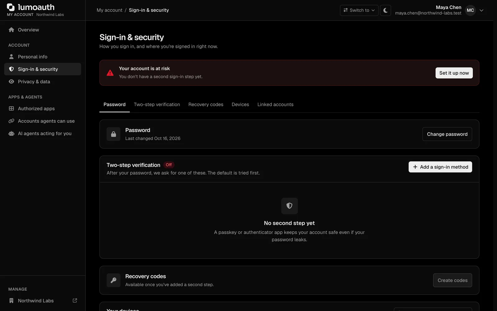 The user account security page