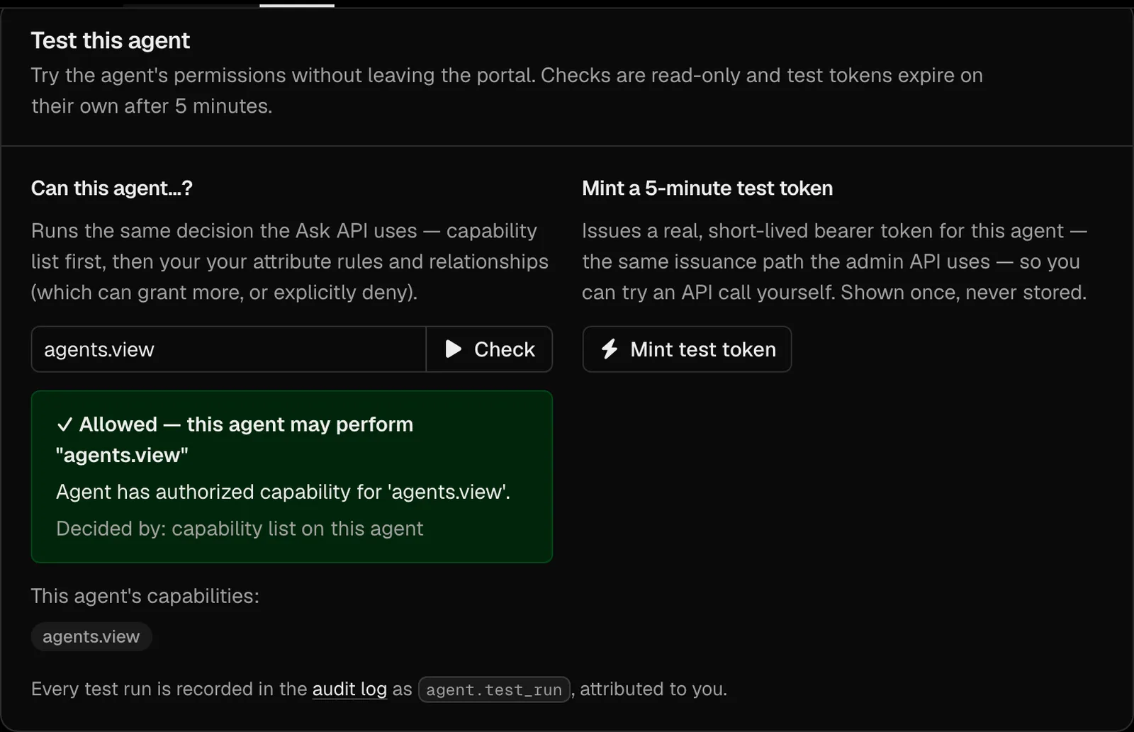 Minting a test token for an agent and scope