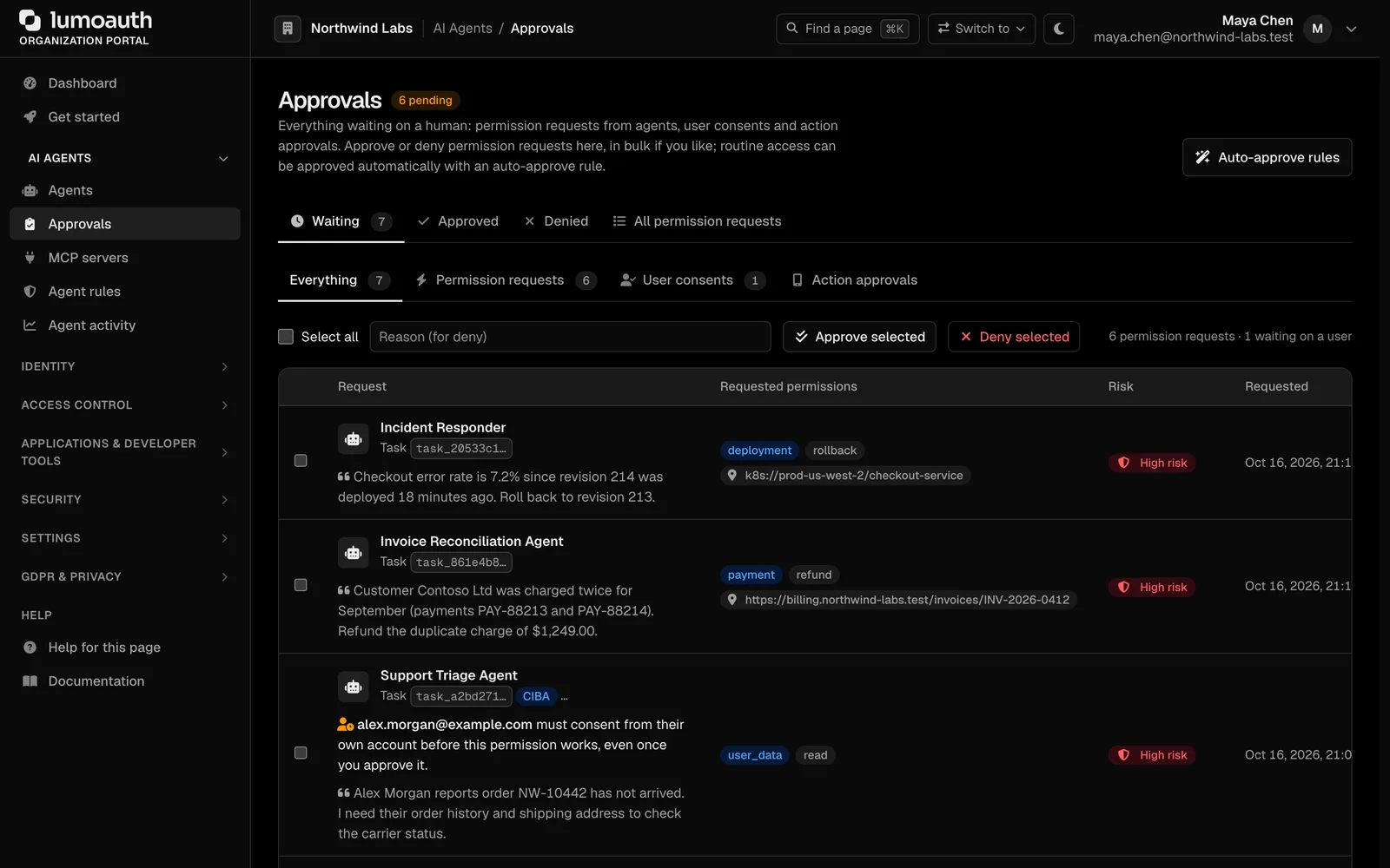 The approvals inbox with pending permission requests, risk level and the reason given