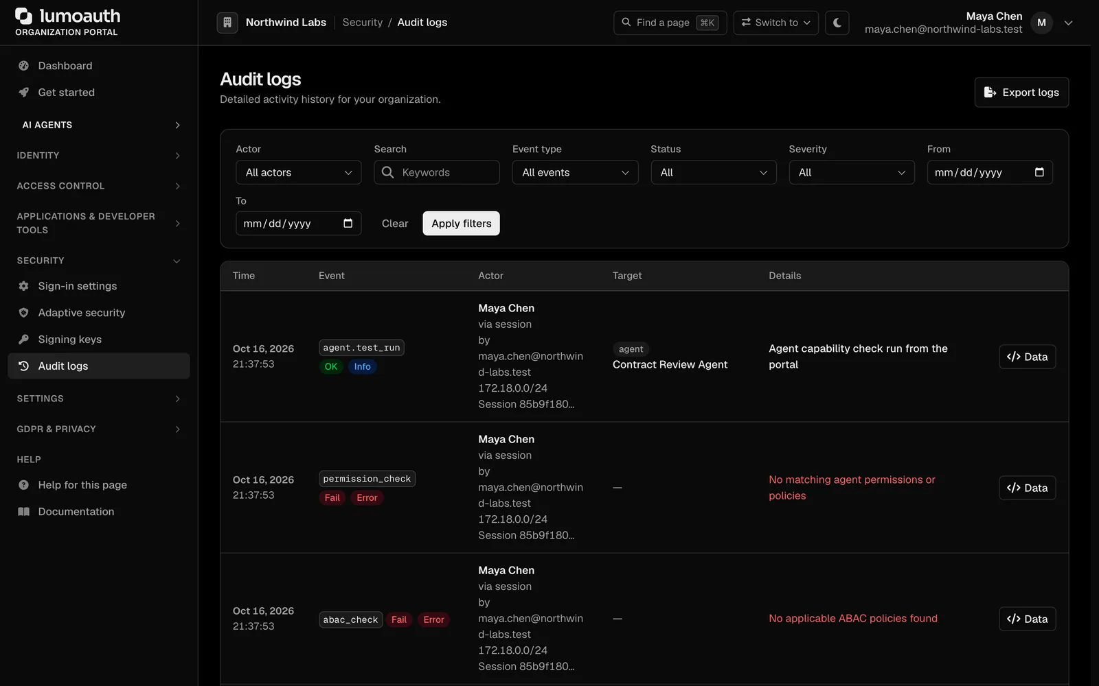 The audit log with filters