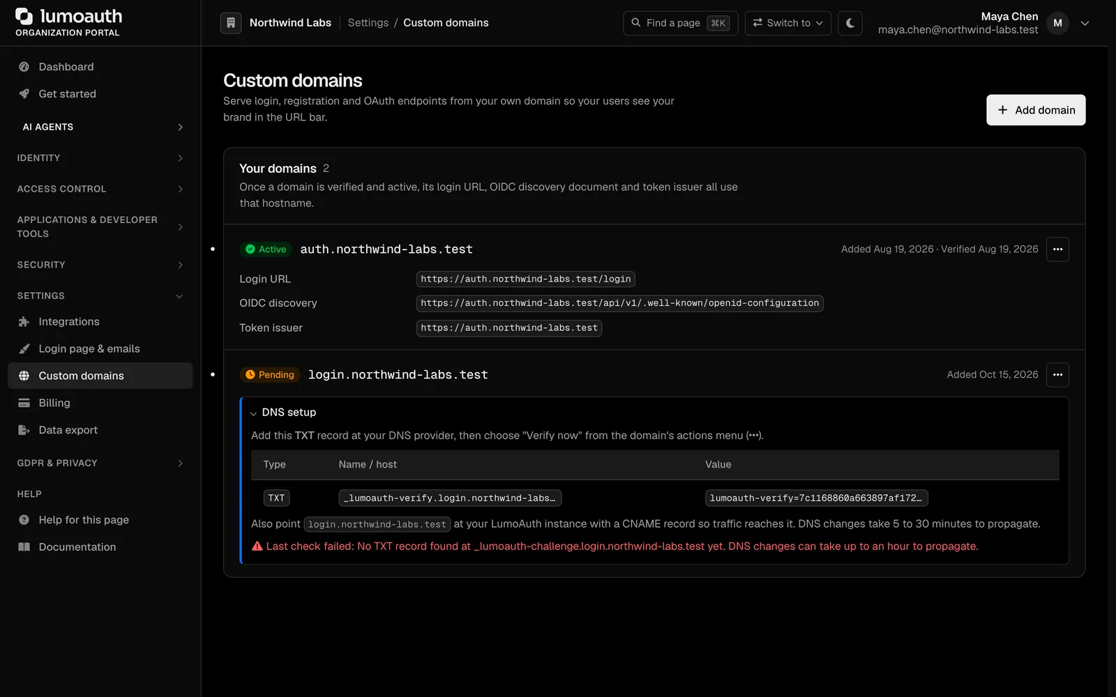 Custom domains with verification status