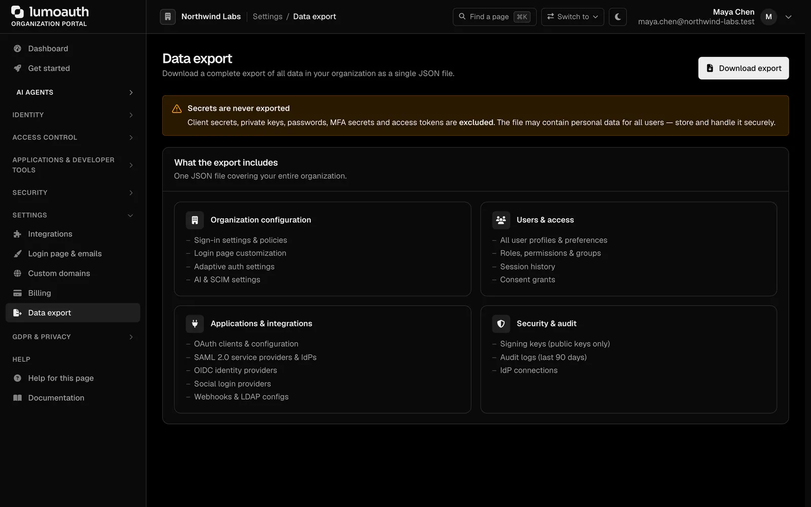 Organization data export