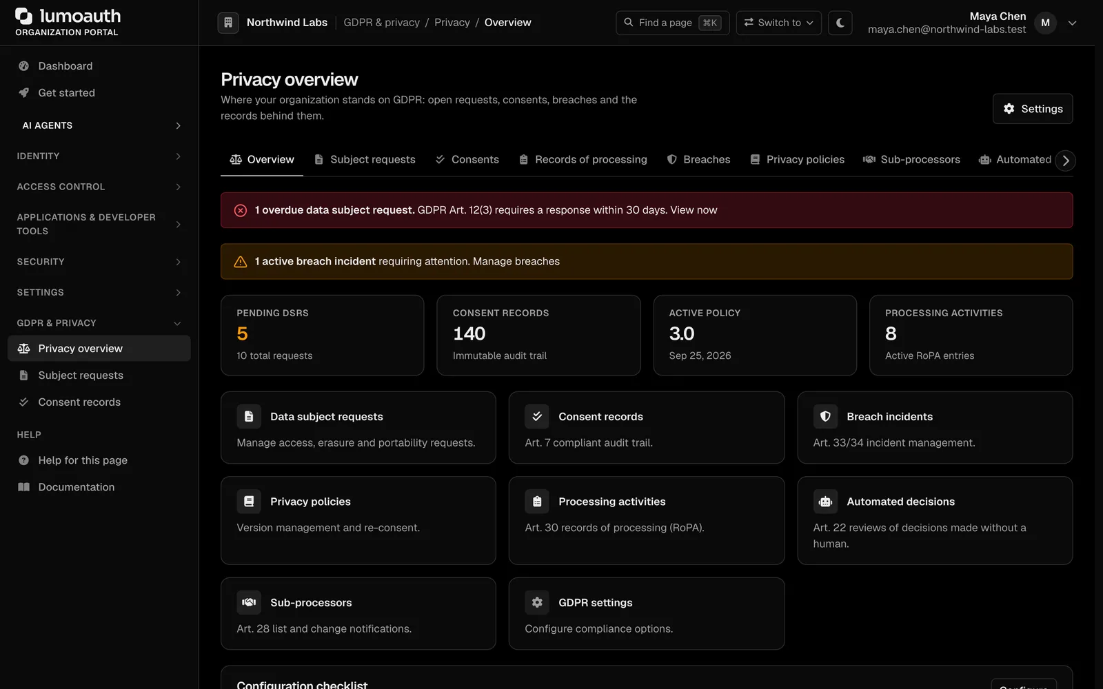 The GDPR dashboard with open requests, consent and breach status