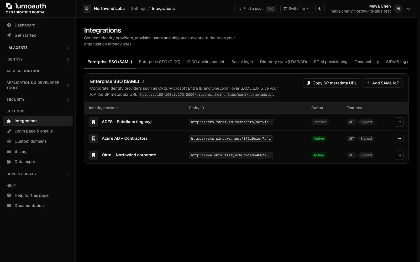 The integrations hub with its section tabs