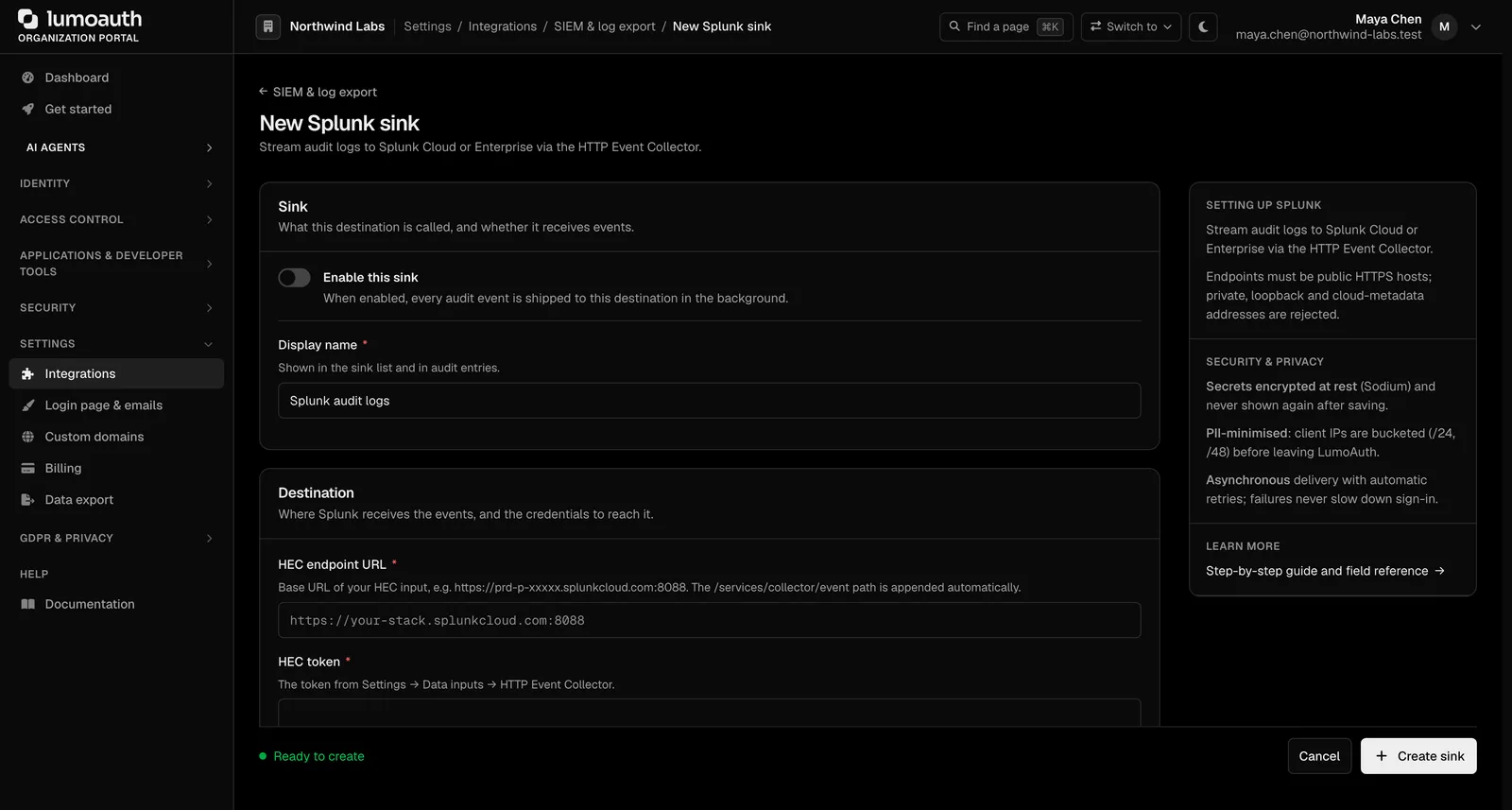 Configuring a Splunk sink