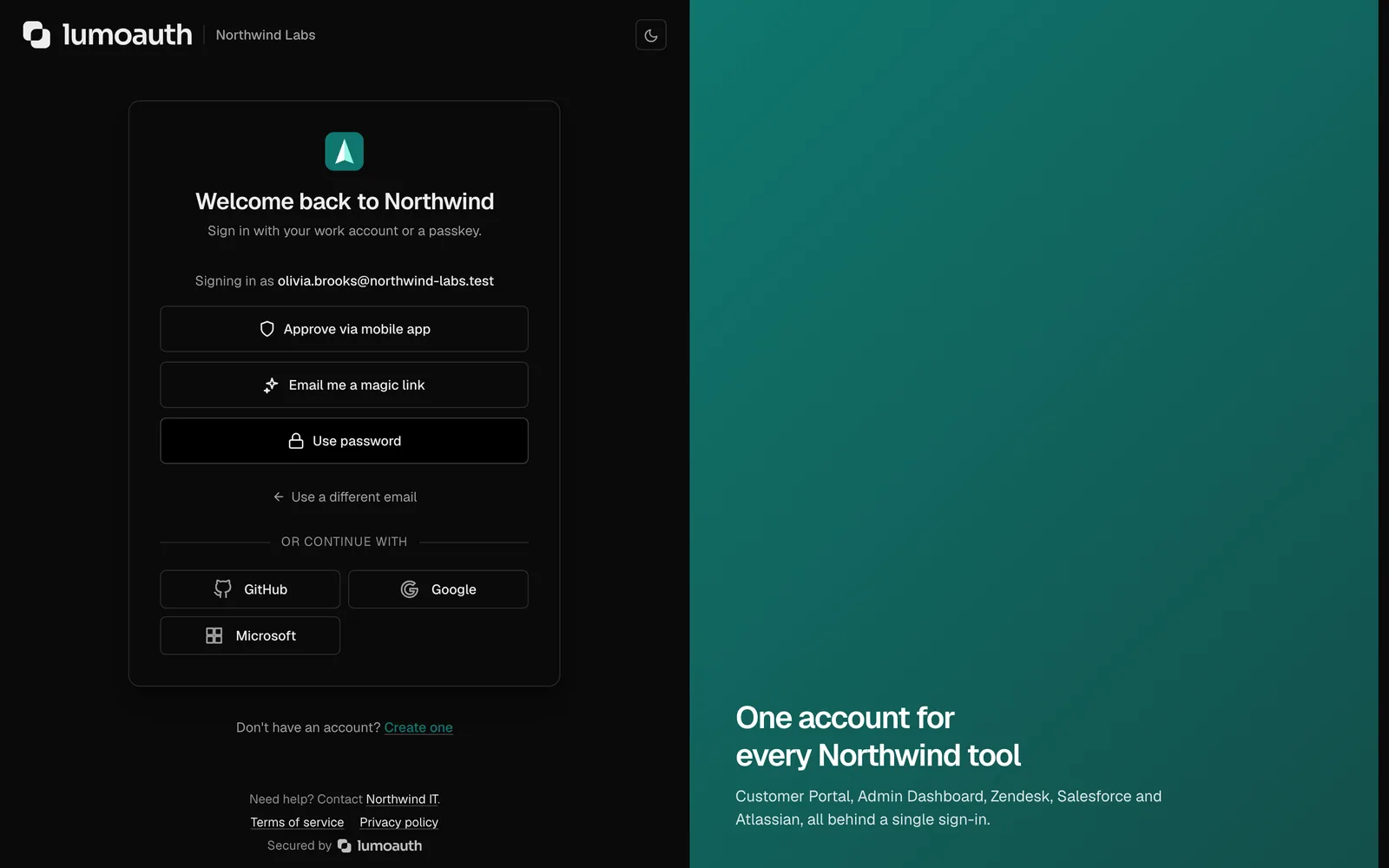 The hosted sign-in page offering a passkey, a magic link and social providers