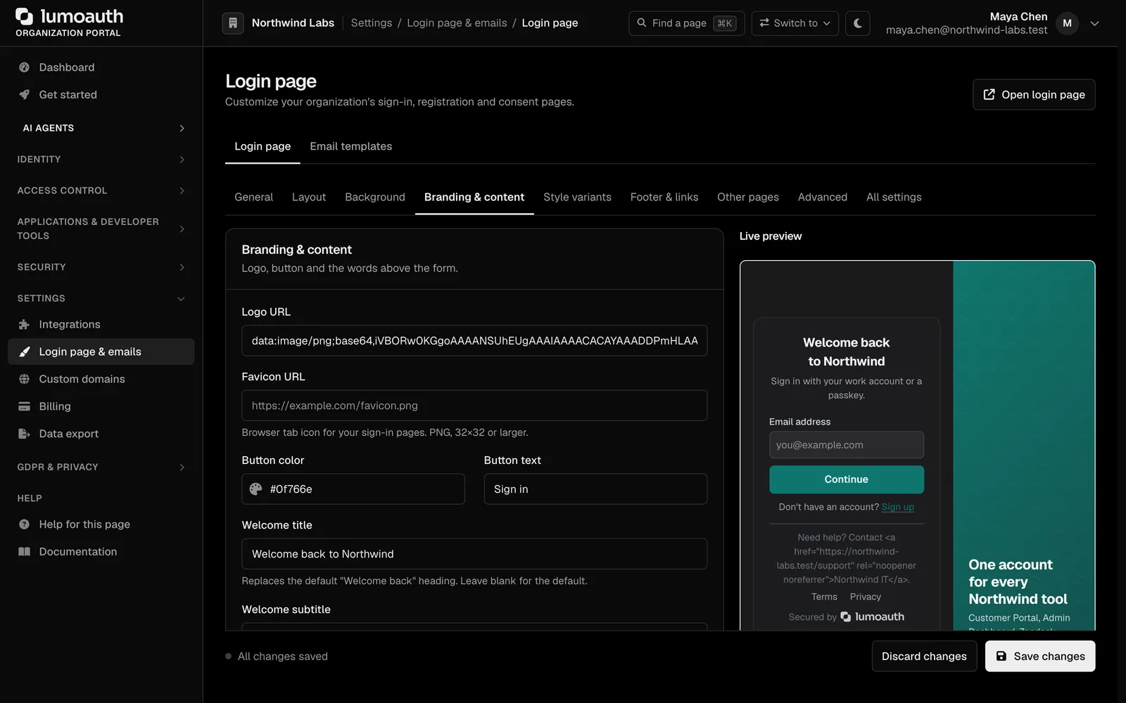 Login page branding settings