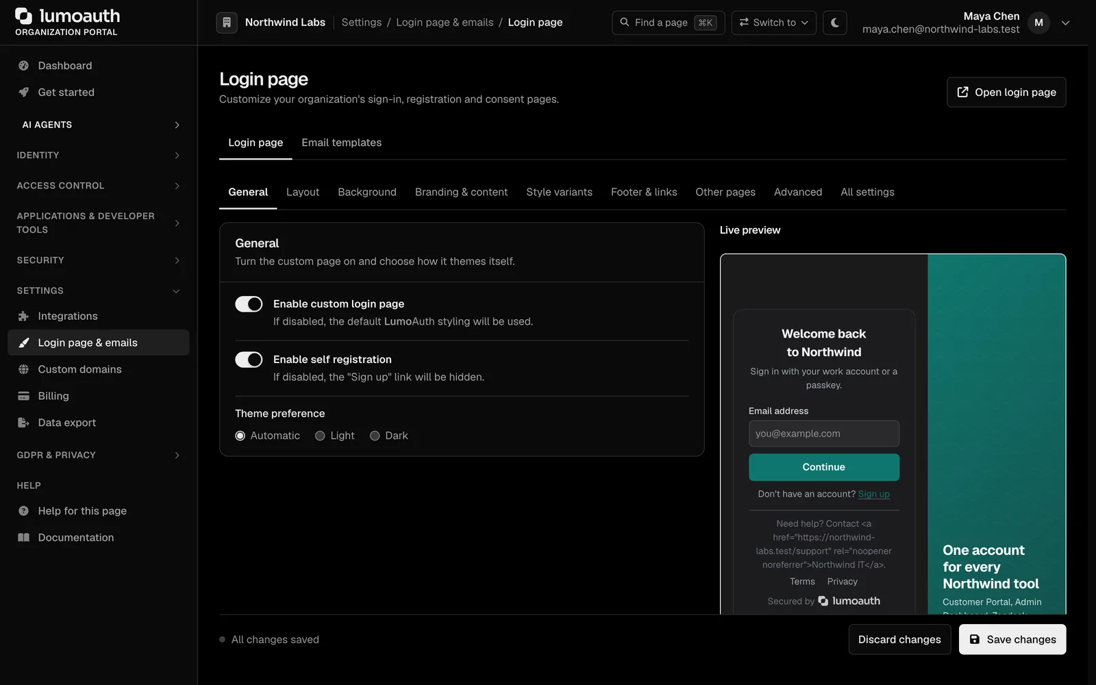 Login page layout and background settings