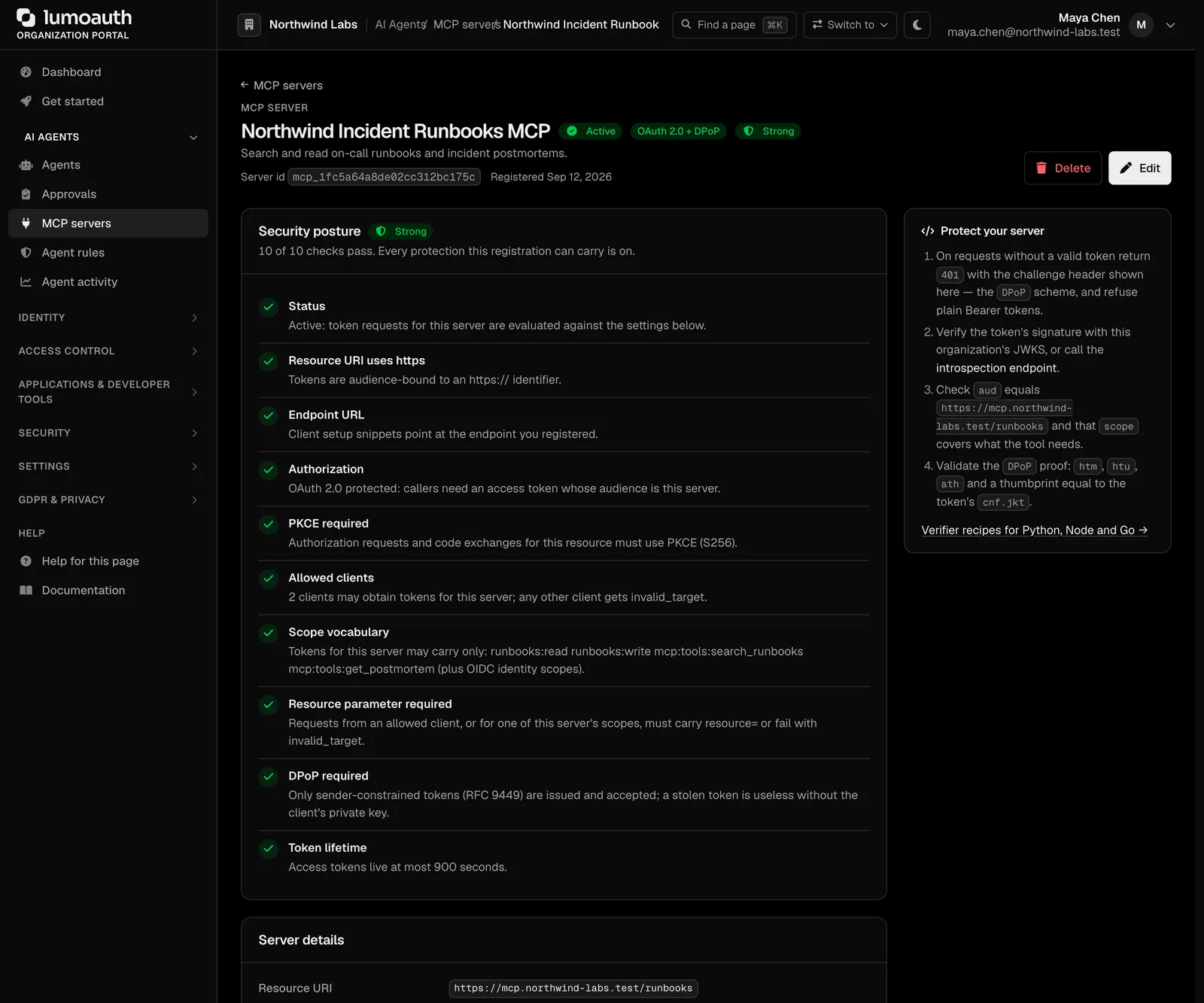 MCP server detail: scopes, access policy and recent connections