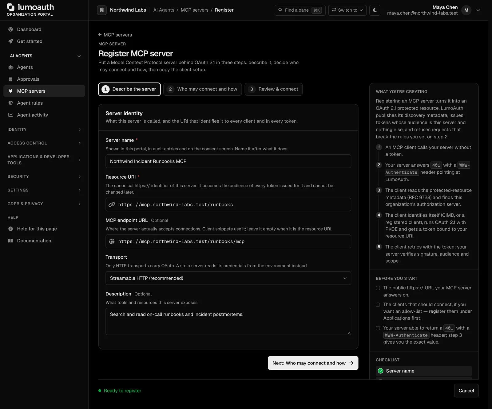 Registering an MCP server and its tool scopes