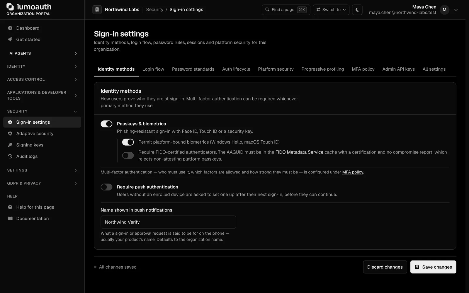 Passkey authenticator policy with certified authenticators from the FIDO metadata service