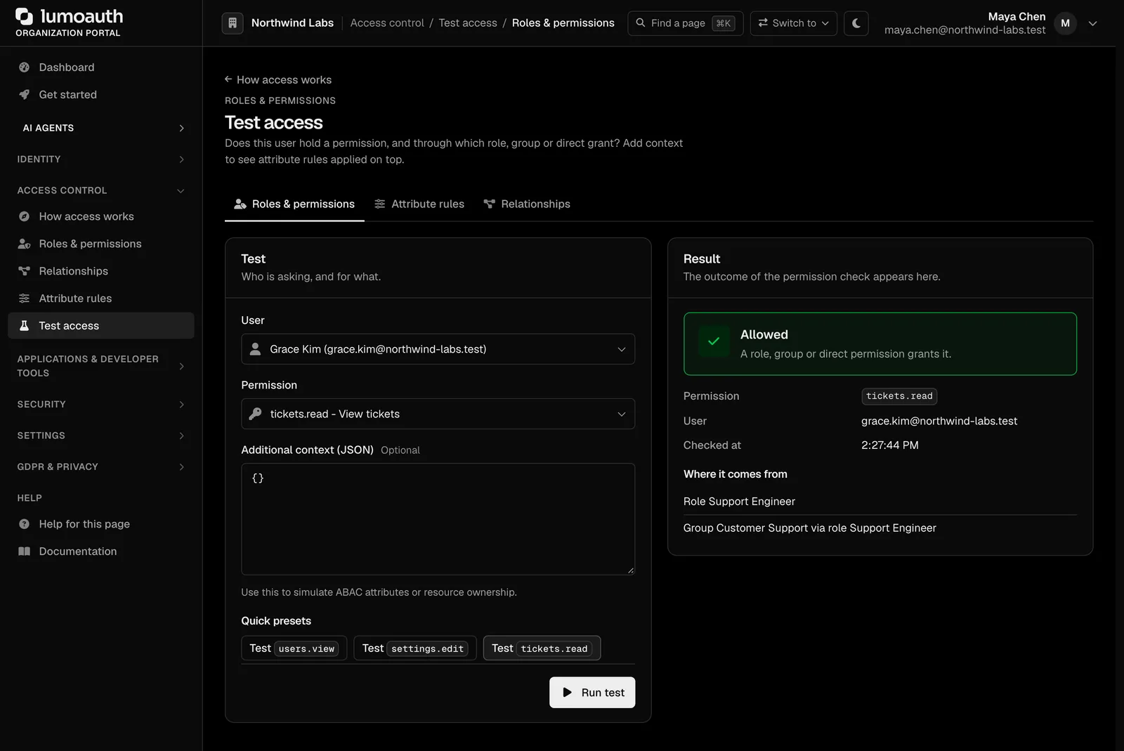 The permission tester showing a decision and the rules that produced it