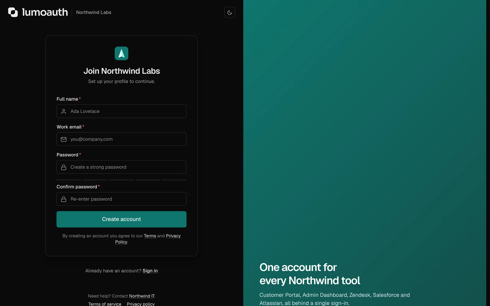 The hosted sign-up page