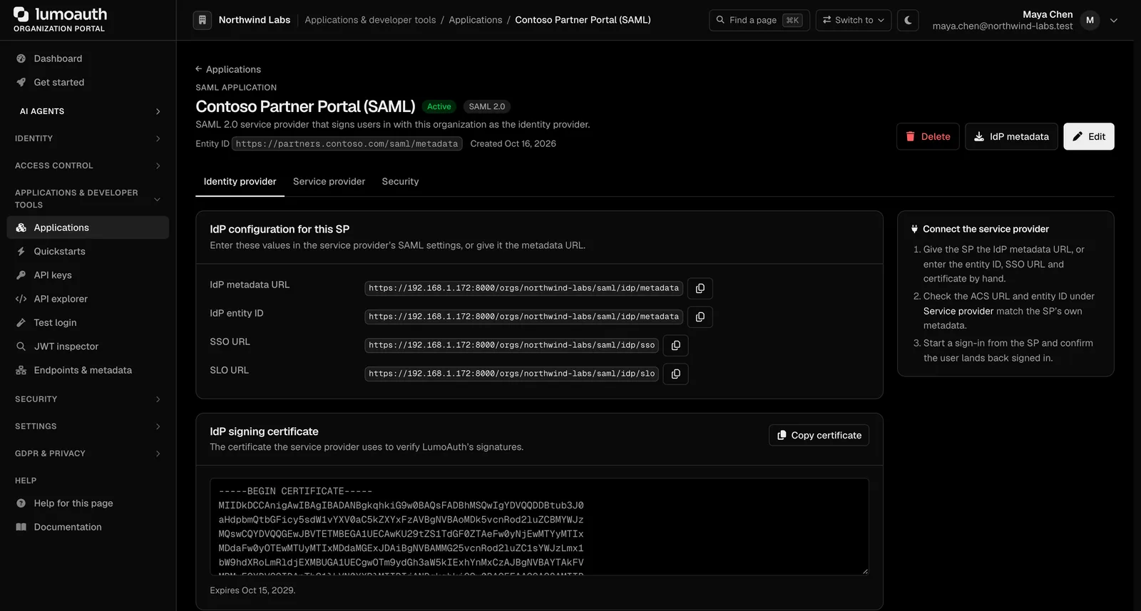 A SAML application where LumoAuth acts as the identity provider