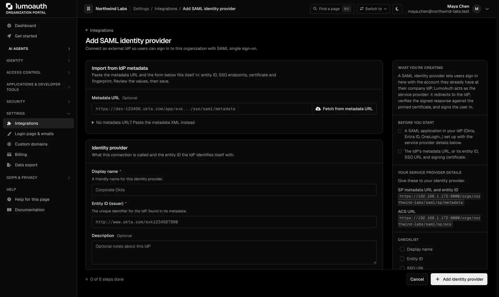Adding a SAML identity provider connection