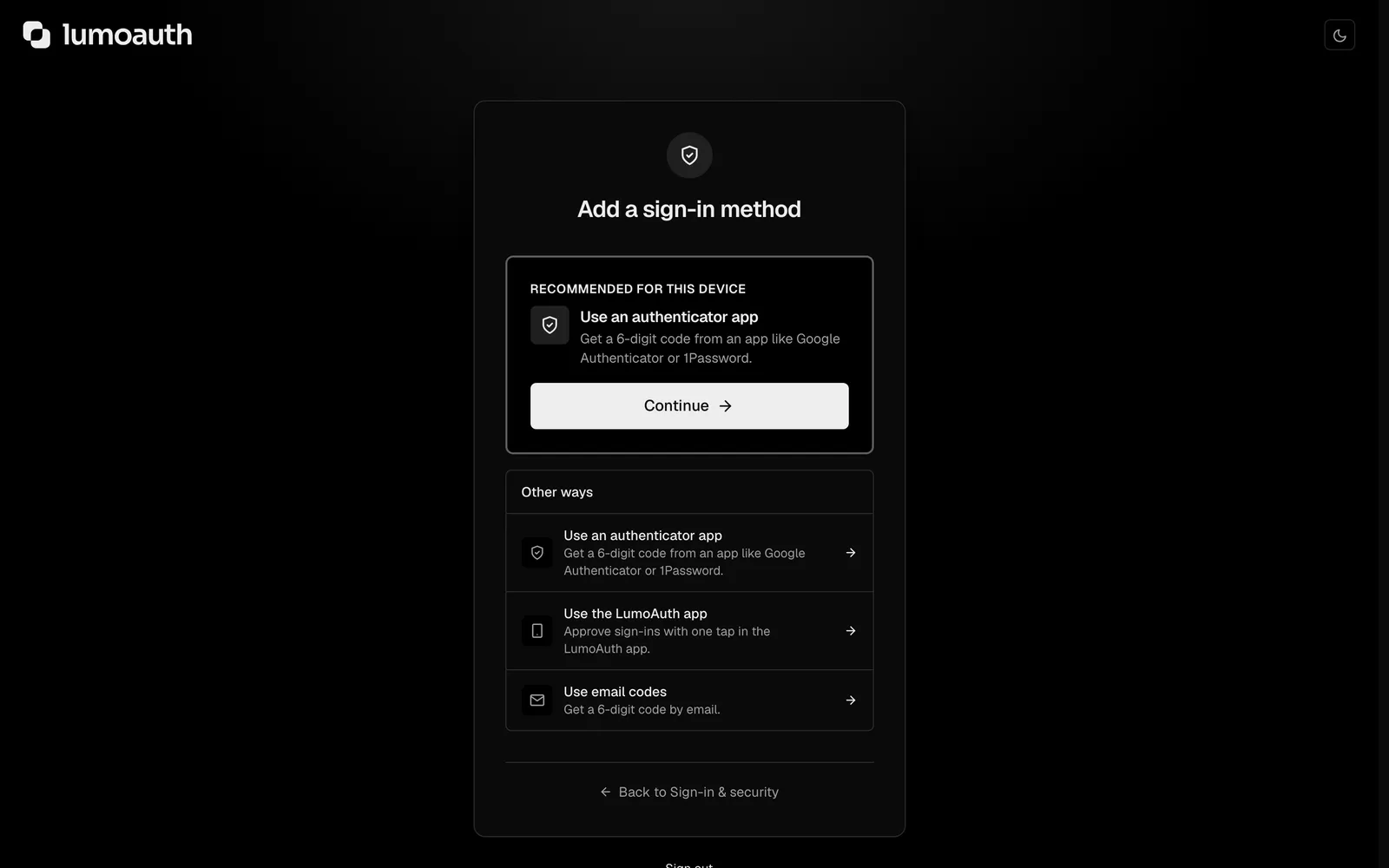 The secure-your-account step where a user adds a passkey or an authenticator app