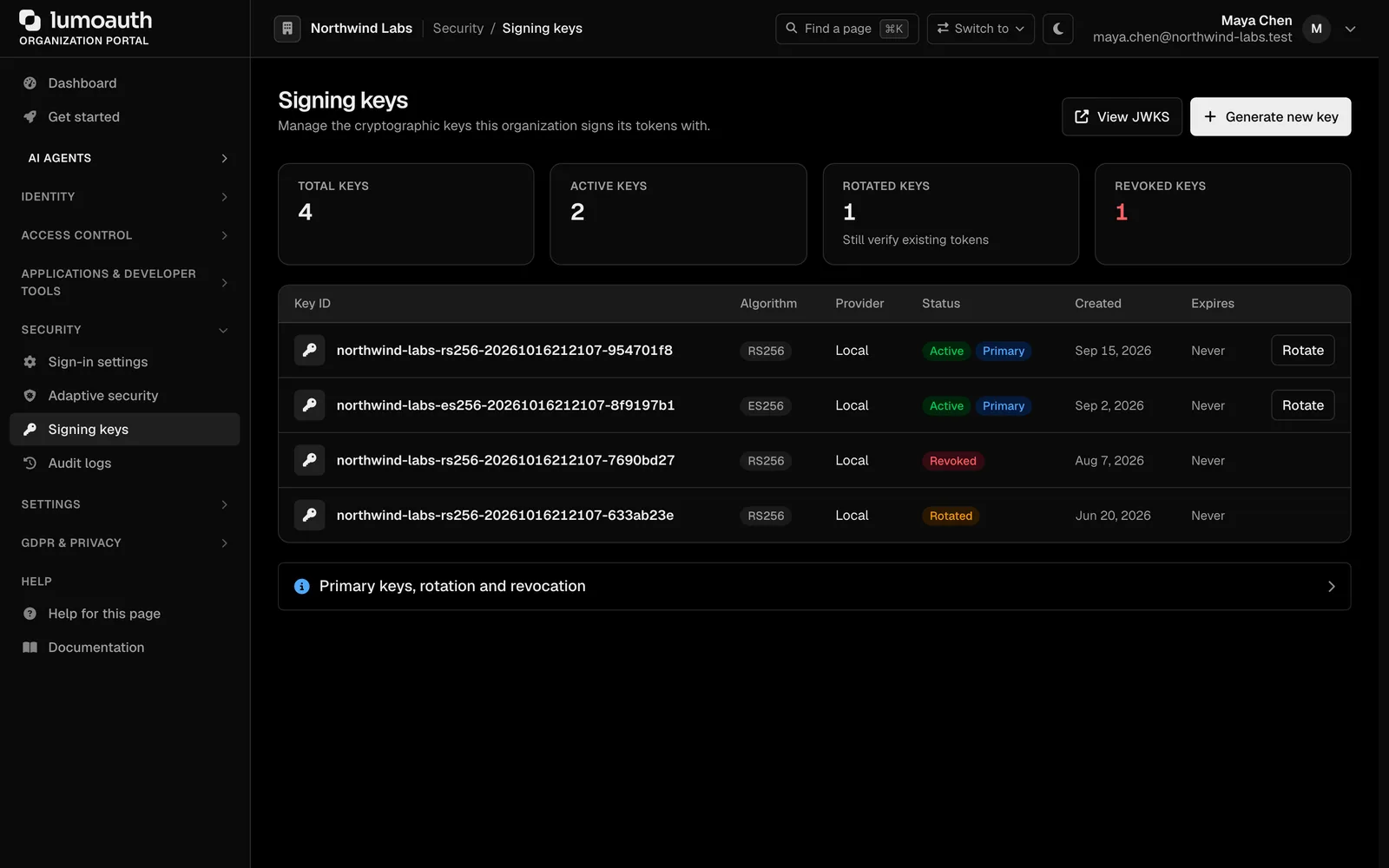 Signing keys with rotation status
