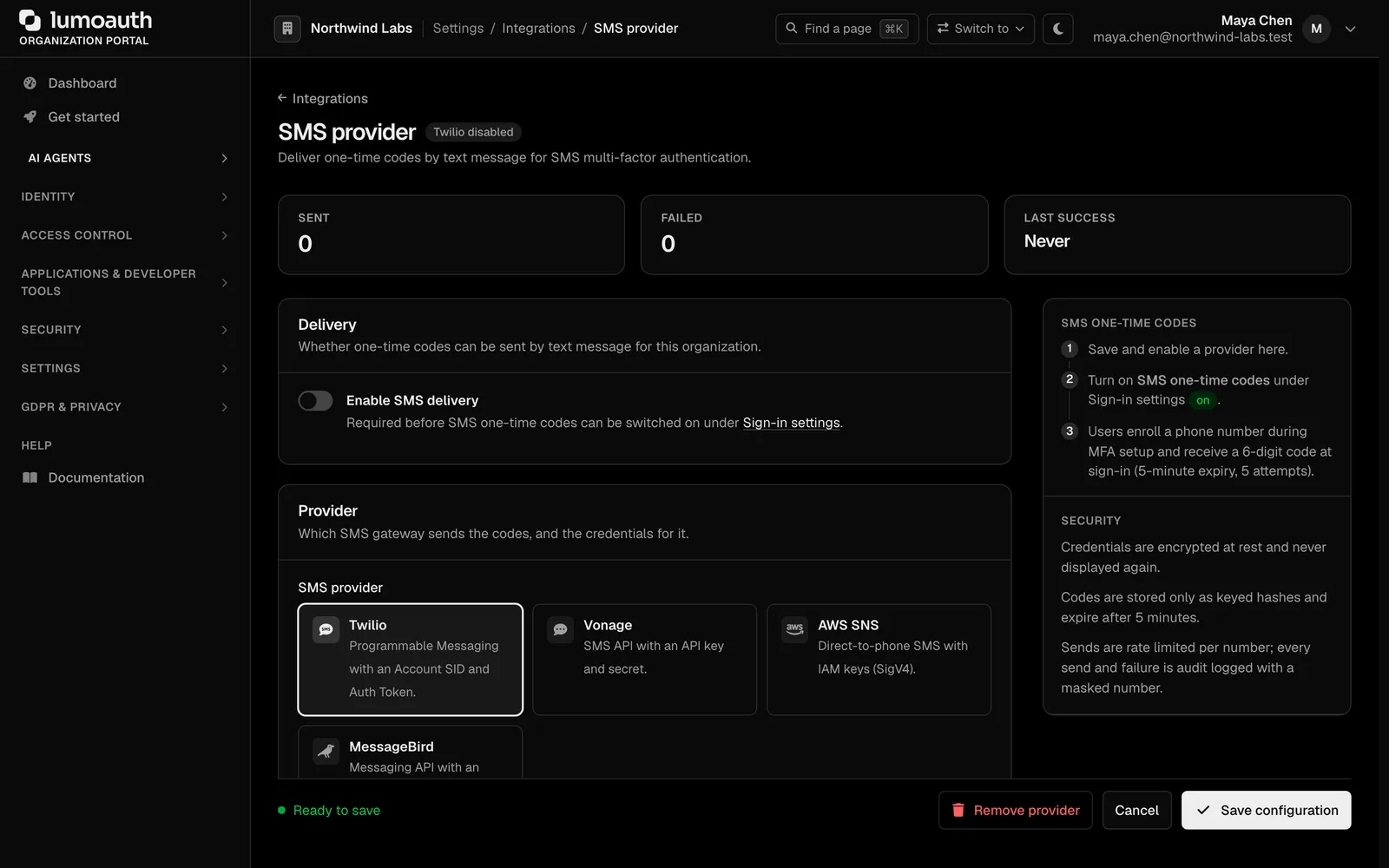 SMS provider settings