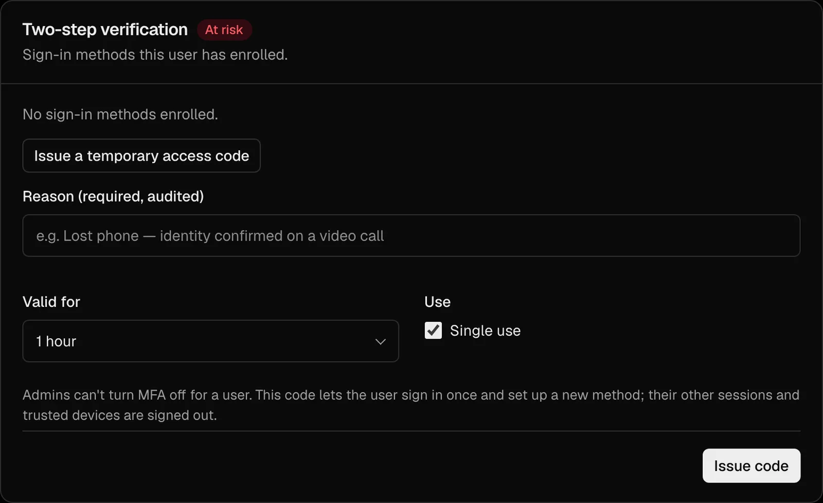 Two-step verification methods for a user including push