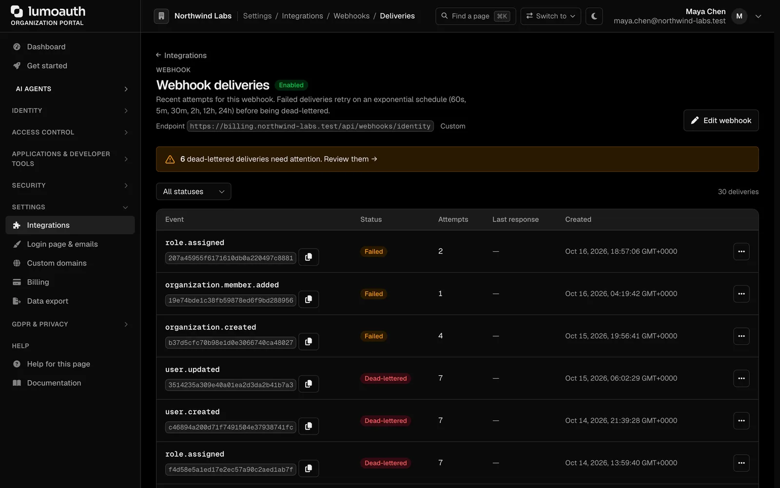 Webhook delivery history